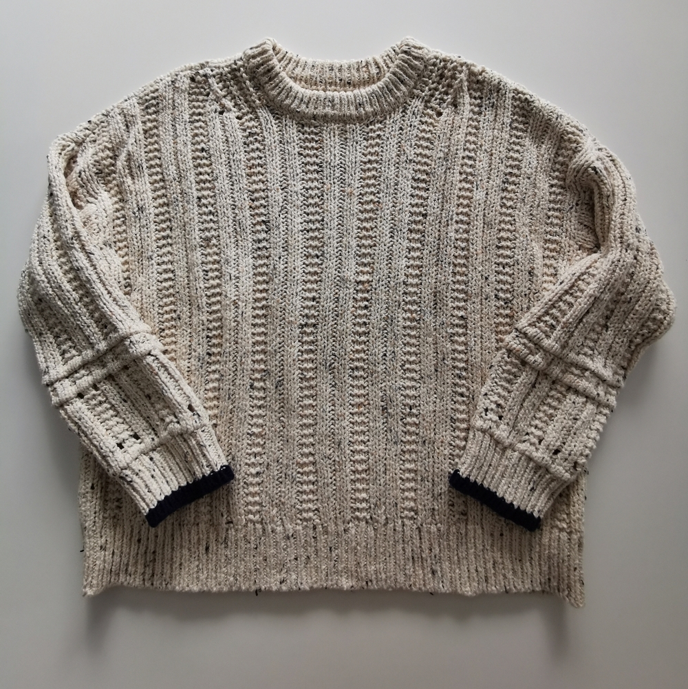 Aerie Cream And Navy Details Knit Crew Neck Sweater